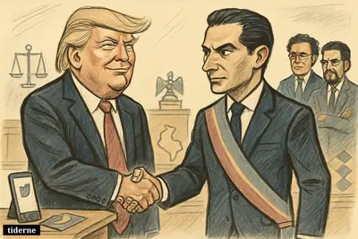 Trump shakes hands with Colombia’s new president Abelardo de la Espriella while Petro and Cepeda watch from the side in a political caricature scene.