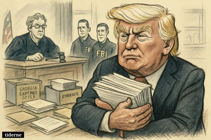 Donald Trump clutching seized ballots in a government office while a federal judge and FBI agents watch over evidence boxes.