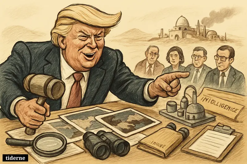 Caricature of Donald Trump boasting over satellite photos and intelligence folders while doubtful inspectors examine unclear damage at an Iranian nuclear site.
