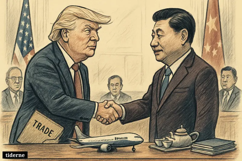Trump and Xi Jinping shake hands across a summit table in Beijing, with Trump looking strained and Xi calm beside a model airliner.
