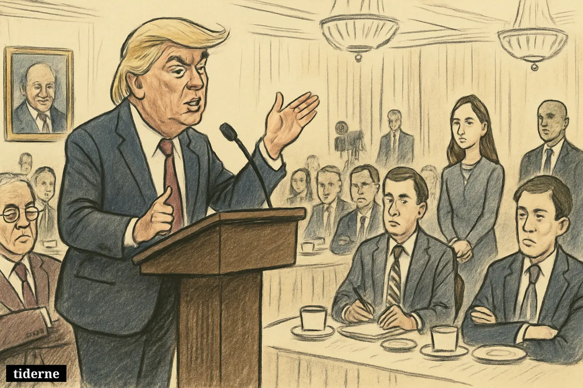 Donald Trump delivers jokes at a hotel ballroom podium while silent journalists sit at dinner tables and security watches from the edges. (AI-genereret illustration)