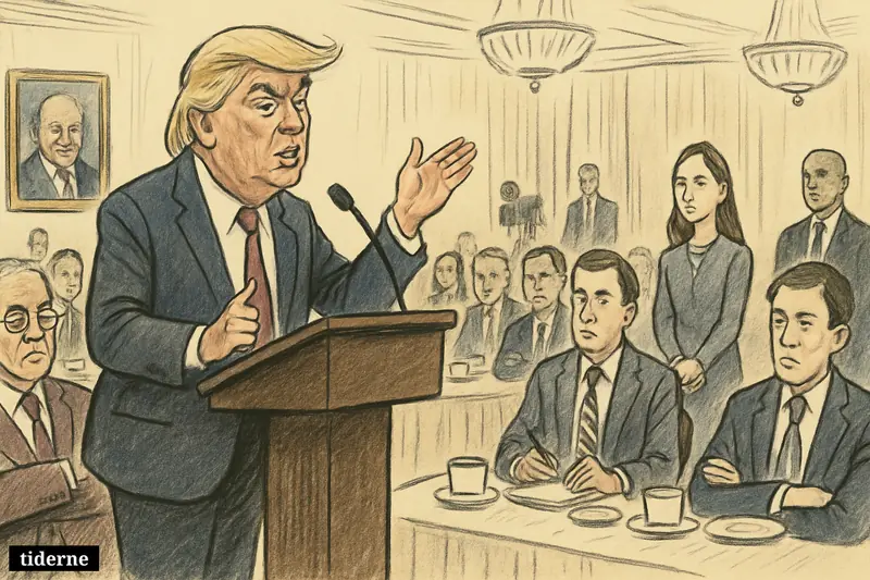 Donald Trump delivers jokes at a hotel ballroom podium while silent journalists sit at dinner tables and security watches from the edges. (AI-genereret illustration)
