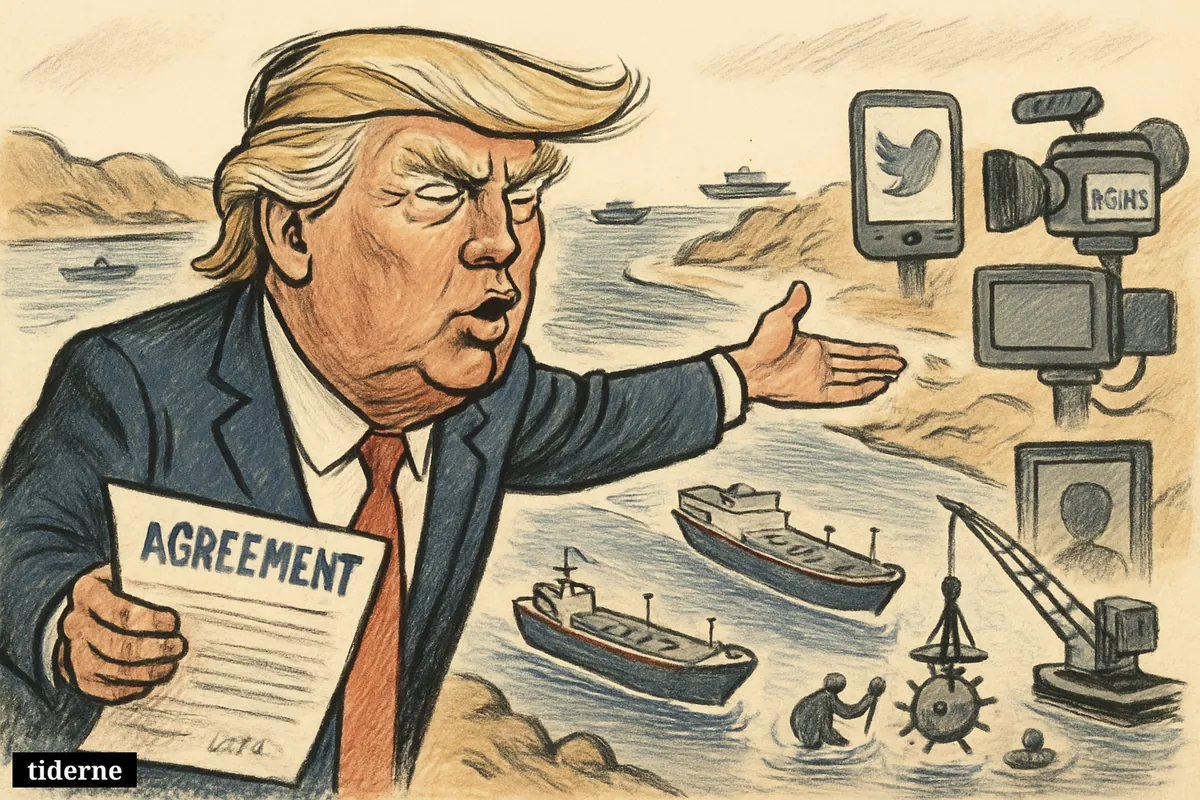 Caricature of Donald Trump presenting a deal beside Hormuz Strait as mines are removed and oil tankers pass through the narrow waterway.