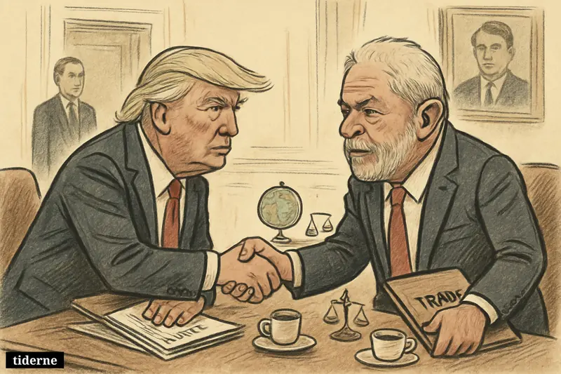 Trump and Lula cautiously shake hands across a small table in a private White House meeting room with trade papers and diplomatic props.