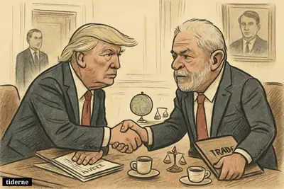 Trump and Lula cautiously shake hands across a small table in a private White House meeting room with trade papers and diplomatic props.
