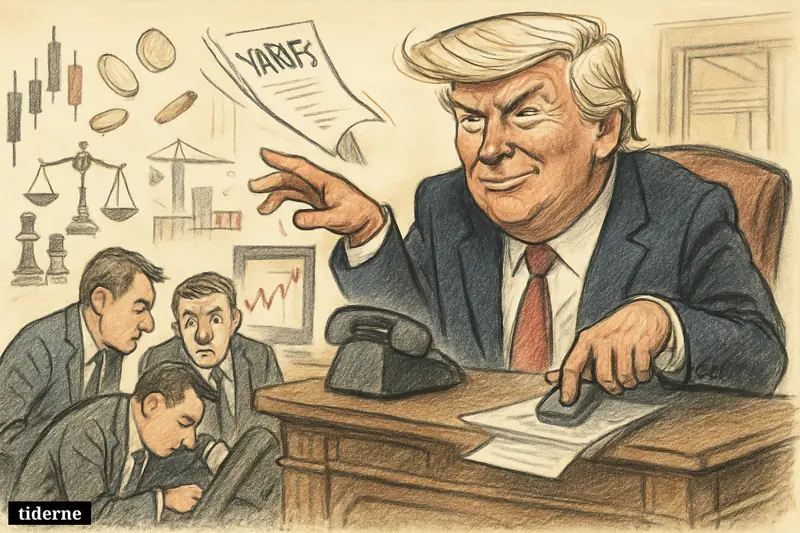 Donald Trump at a desk appears to trigger market chaos as anxious traders react to sudden financial spikes and trade-policy symbols.