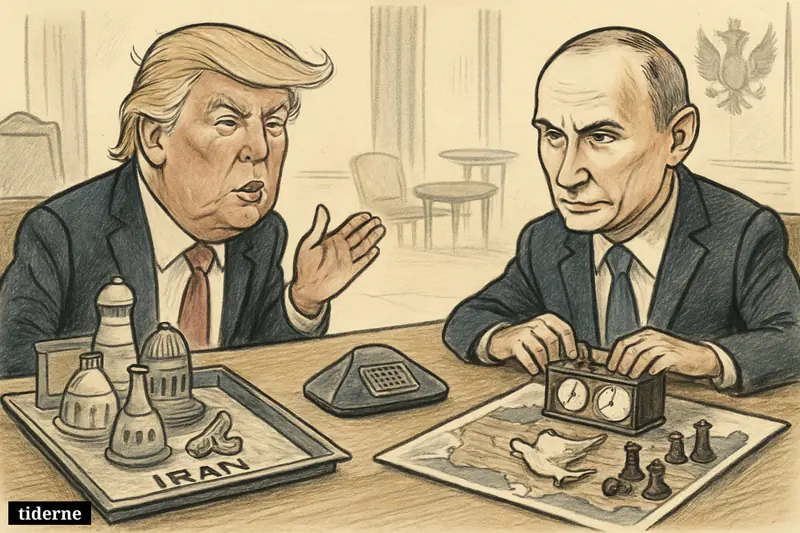 Caricature of Donald Trump and Vladimir Putin on a phone negotiation over Iran and Ukraine, with chess, maps, and nuclear props on a desk.