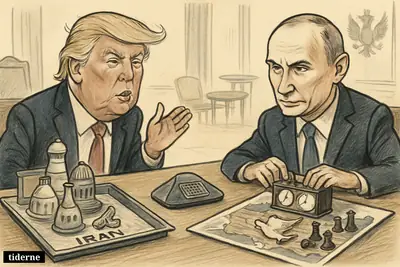 Caricature of Donald Trump and Vladimir Putin on a phone negotiation over Iran and Ukraine, with chess, maps, and nuclear props on a desk.