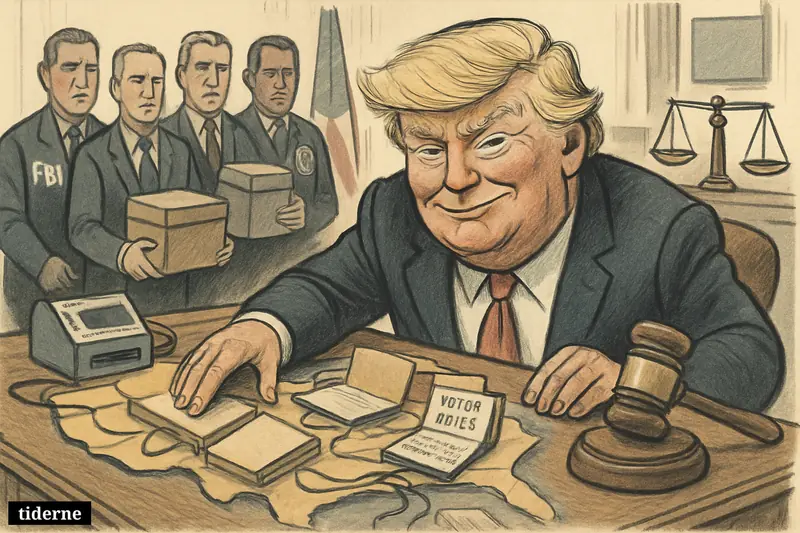 Donald Trump at a government desk reaches toward election records and voting machines as FBI and Justice officials stand nearby.
