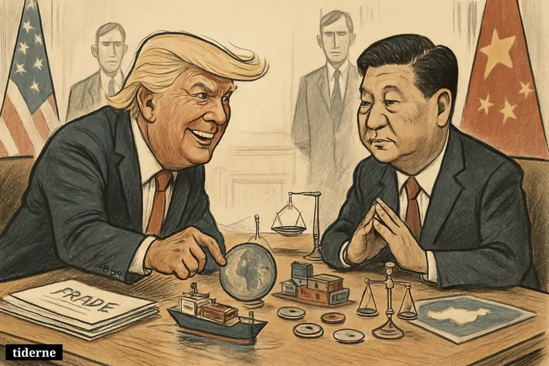 Caricature of Donald Trump and Xi Jinping in a Beijing summit room, facing off across a table with trade and security symbols.