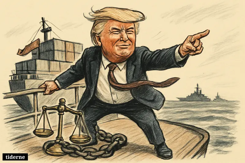 Caricature of Donald Trump on a seized cargo ship, gesturing aggressively as justice scales and naval silhouettes frame a legal and military crisis.