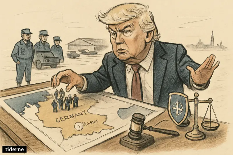 Donald Trump caricature looms over a strategy map, poised to remove American troops from Germany as soldiers and a military base sit behind him.