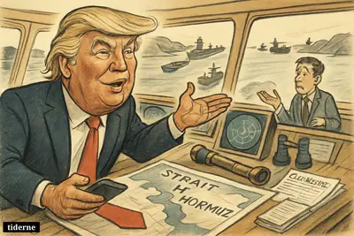 Caricature of Donald Trump on a ship bridge claiming safe Hormuz passage while tankers wait outside in a tense strategic waterway.