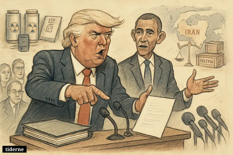 Trump and Obama caricatures stand at a press podium, clashing over a discarded deal folder and a new blank agreement amid nuclear diplomacy symbols.