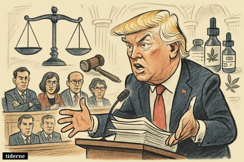 Donald Trump at a lectern pressures Congress in a Capitol hearing room, surrounded by CBD medicine props, hemp leaves, and regulation symbols.