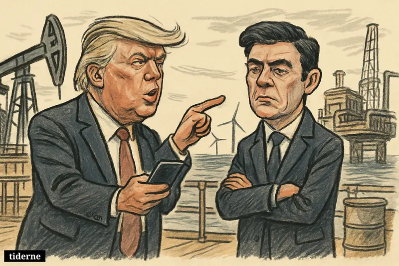 Trump points across an aging North Sea oil platform while Andy Burnham looks skeptical, with offshore rigs and distant wind turbines behind them. (AI-genereret illustration)