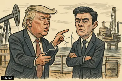 Trump points across an aging North Sea oil platform while Andy Burnham looks skeptical, with offshore rigs and distant wind turbines behind them. (AI-genereret illustration)