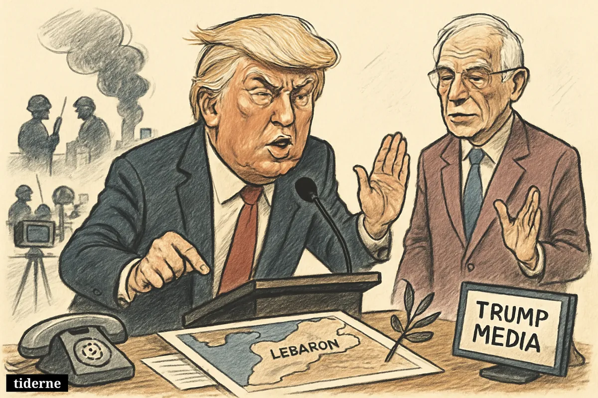 Trump at a podium urges restraint over Lebanon as Josep Borrell stands beside him, with Beirut smoke and opposing forces in the background.