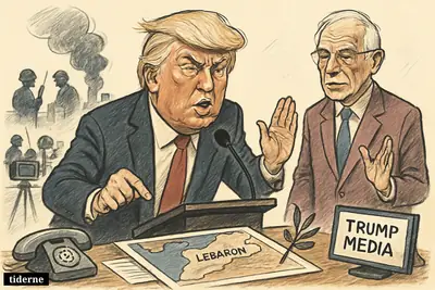 Trump at a podium urges restraint over Lebanon as Josep Borrell stands beside him, with Beirut smoke and opposing forces in the background.