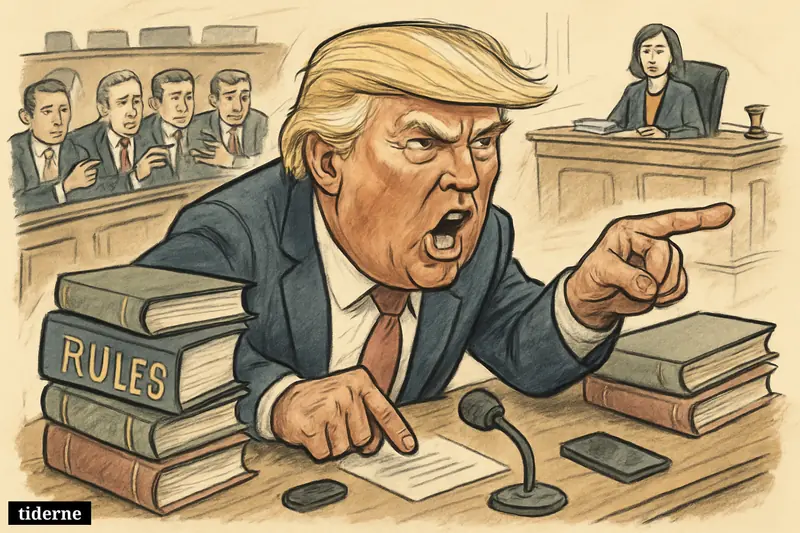 Donald Trump caricature angrily leans over a Senate desk while uneasy senators watch and a calm parliamentarian sits beside stacked rule books.