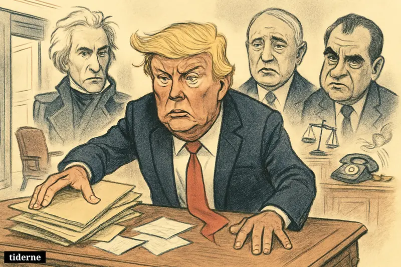 Donald Trump in a chaotic Oval Office, surrounded by looming caricatures of Jackson, Harding, and Nixon amid scattered papers and signs of scandal.