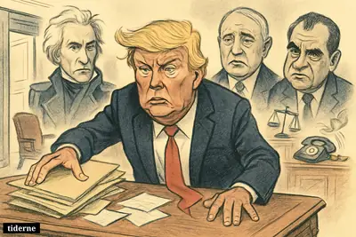 Donald Trump in a chaotic Oval Office, surrounded by looming caricatures of Jackson, Harding, and Nixon amid scattered papers and signs of scandal.