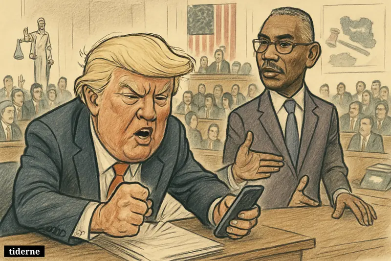 Caricature of Donald Trump angrily reacting in the House chamber while Gregory Meeks gestures toward lawmakers amid a tense Iran war-powers vote.