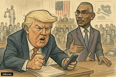 Caricature of Donald Trump angrily reacting in the House chamber while Gregory Meeks gestures toward lawmakers amid a tense Iran war-powers vote.