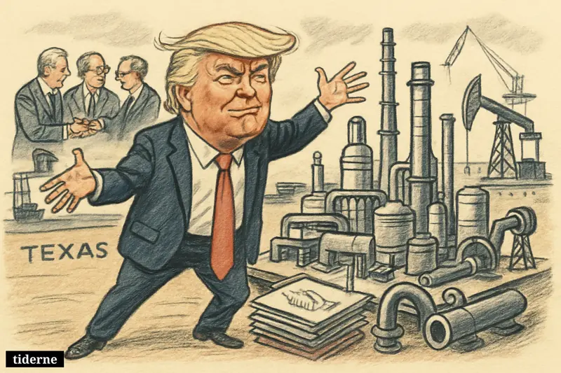 Donald Trump boasts beside a huge Texas refinery model while oil executives, contracts, pipes, and port equipment suggest a complex energy deal.