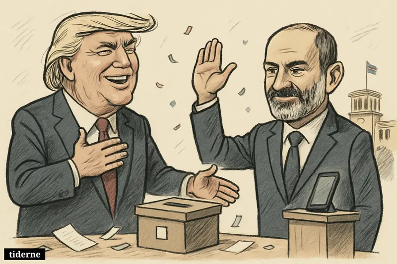 Caricature of Donald Trump congratulating Nikol Pashinyan after an election, with ballot box, smartphone podium, and Armenian government setting.