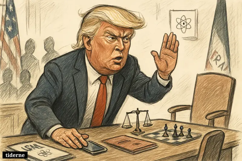 Donald Trump caricature leans over a negotiation table, gesturing firmly toward an empty opposing chair in an ongoing diplomatic setting.