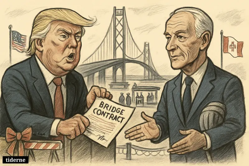 Trump and Gordie Howe face off on a border bridge, tugging over an agreement as opening ceremony props sit nearby. (AI-genereret illustration)