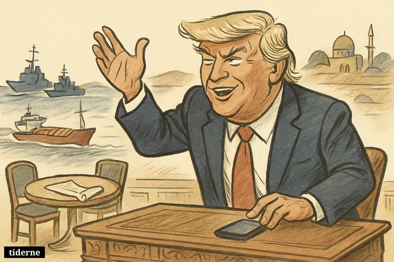 Caricature of Donald Trump announcing success at a desk, with ships reopening a narrow strait and a negotiation table behind him.