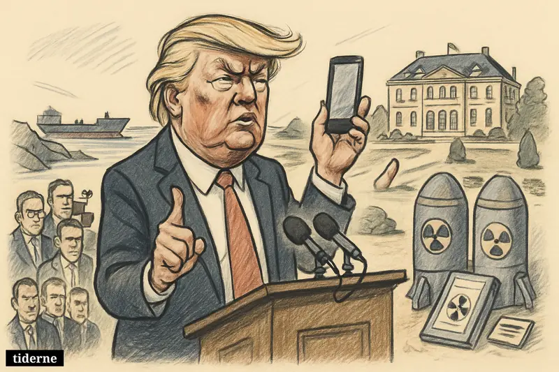 Caricature of Donald Trump at a palace press podium, holding a phone while tankers pass through a narrow strait behind him.