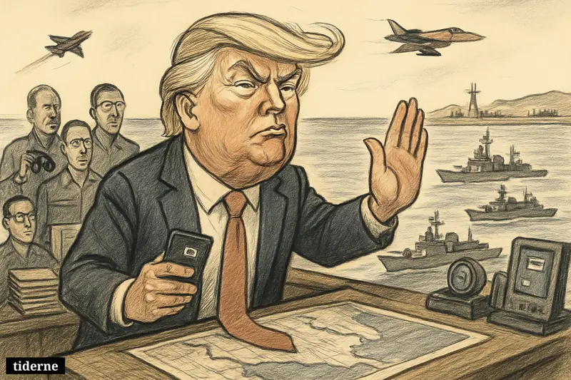 Caricature of Donald Trump halting military action on a naval command deck as warships maintain a blockade in a narrow strait.