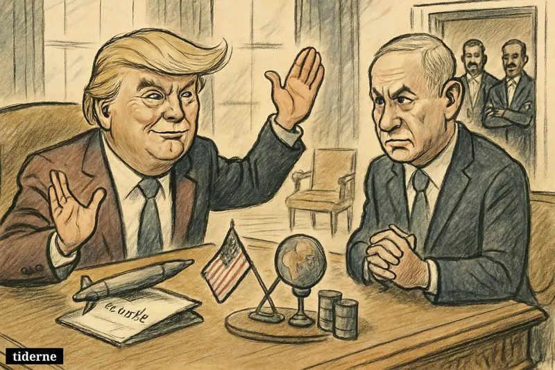 Trump gestures confidently in the Oval Office as Netanyahu watches tensely, with missile props, oil symbols, and skeptical Iranian diplomats in the background.