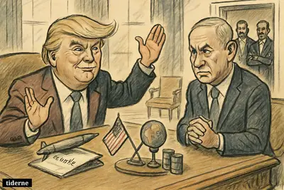 Trump gestures confidently in the Oval Office as Netanyahu watches tensely, with missile props, oil symbols, and skeptical Iranian diplomats in the background.