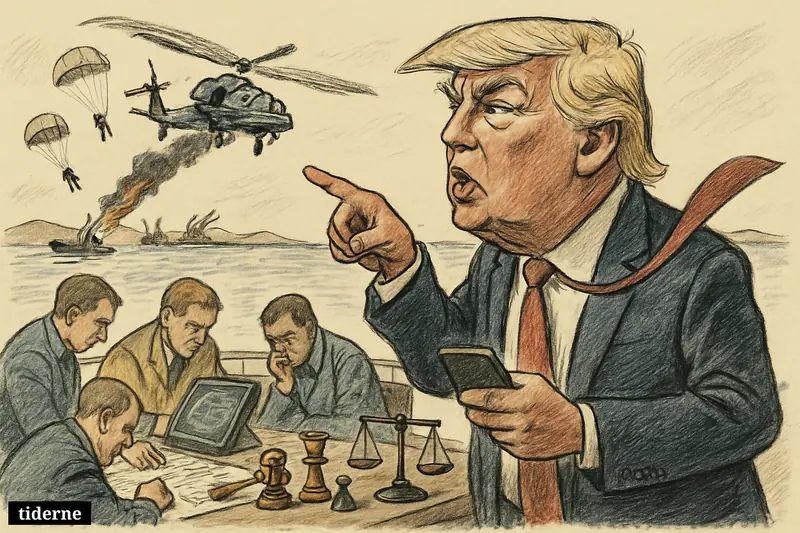 Donald Trump on a command deck points across Hormuz as a damaged Apache falls and two pilots parachute to safety.