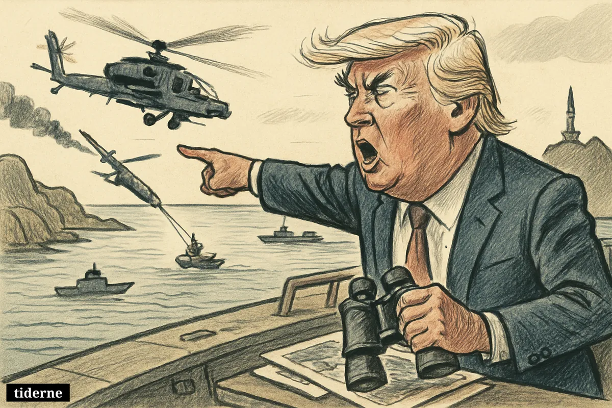 Caricature of Donald Trump on a naval deck pointing toward a falling Apache helicopter near a narrow sea passage and rescue boats.