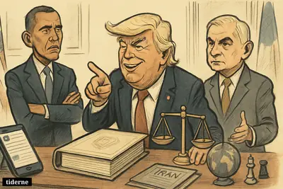 Caricature of Trump boasting over a new Iran deal as Obama looks skeptical and Jack Reed objects beside a social media phone.