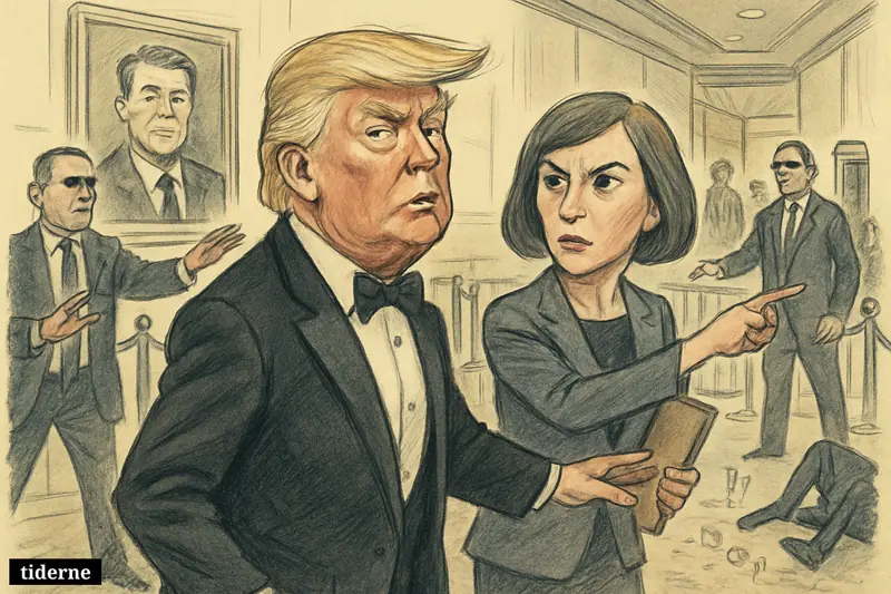 Caricature of Donald Trump surrounded by Secret Service at a Washington hotel event as Susie Wiles points out a security breach.