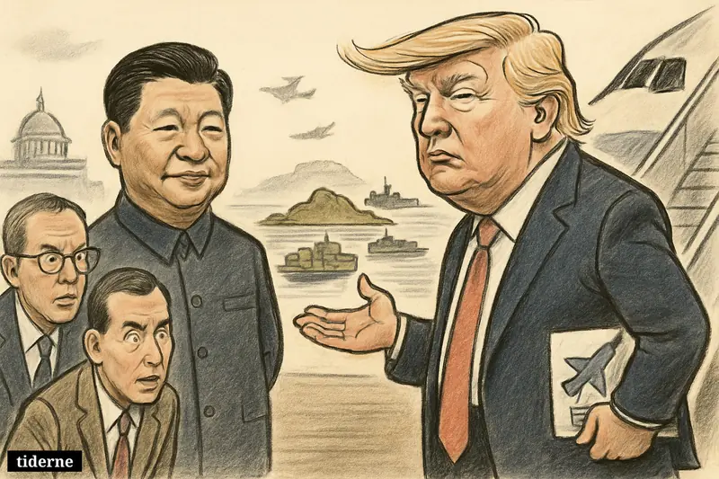 Trump shrugs beside an airplane as Xi watches, with Taiwan between them, small warships nearby, and uneasy advisers looking on.