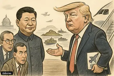 Trump shrugs beside an airplane as Xi watches, with Taiwan between them, small warships nearby, and uneasy advisers looking on.