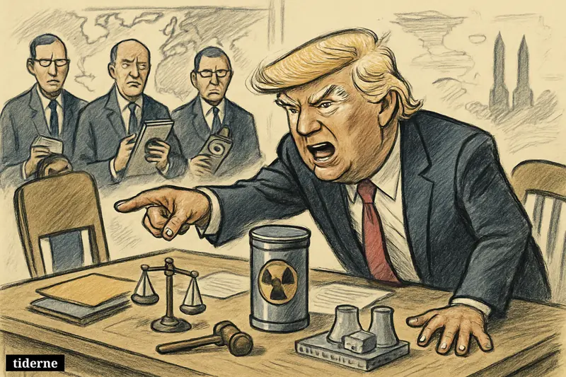 Caricature of Donald Trump angrily leaning over a negotiation table with a uranium canister, inspectors, and nuclear diplomacy symbols around him.