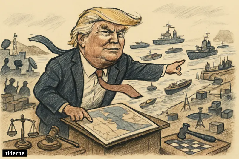 Donald Trump on a platform above the Strait of Hormuz, gesturing forcefully as tankers, patrol boats, and military symbols crowd the narrow waterway.