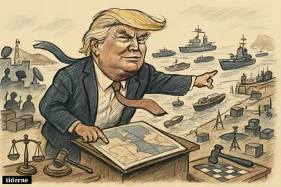 Donald Trump on a platform above the Strait of Hormuz, gesturing forcefully as tankers, patrol boats, and military symbols crowd the narrow waterway.