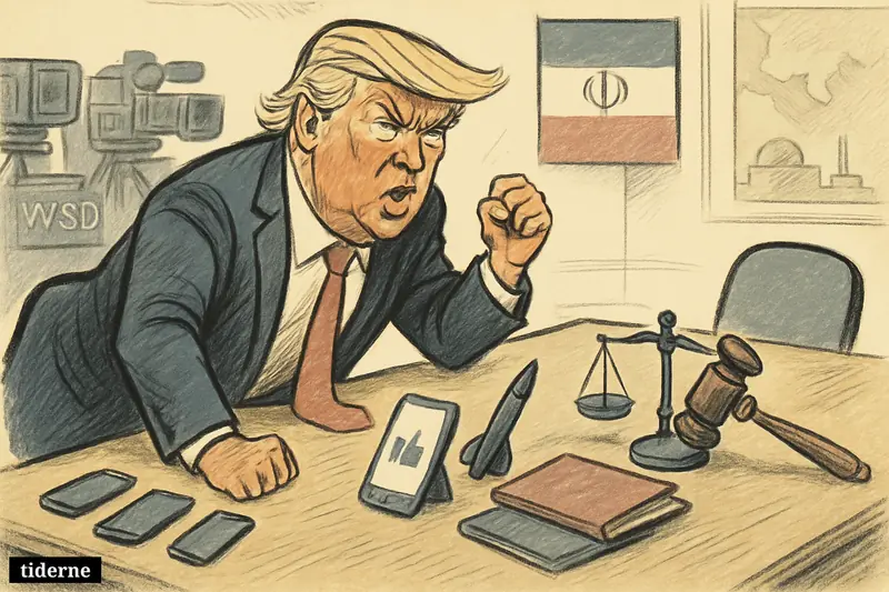 Caricature of Donald Trump looming over a negotiation table, angrily gesturing amid diplomacy props, war symbols, screens, and a distant nuclear backdrop.
