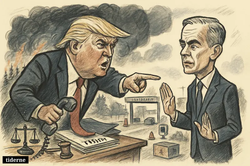 Trump angrily confronts Mark Carney at a smoky border crossing as wildfire smoke and trade props fill the scene. (AI-genereret illustration)