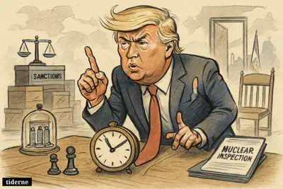 Donald Trump caricature warns at a negotiation table with a ticking clock, nuclear props, and symbols of sanctions and tense diplomacy.