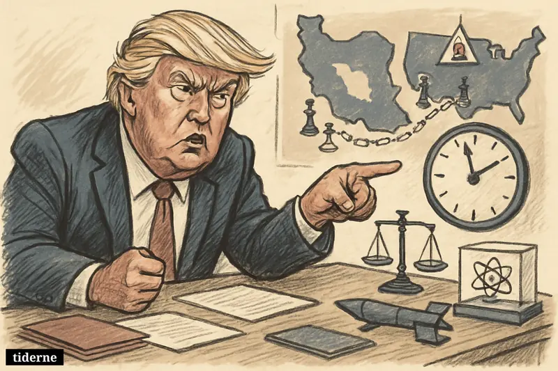 Caricature of Donald Trump angrily pointing at a ticking clock in a war-room with nuclear and Iran negotiation symbols.